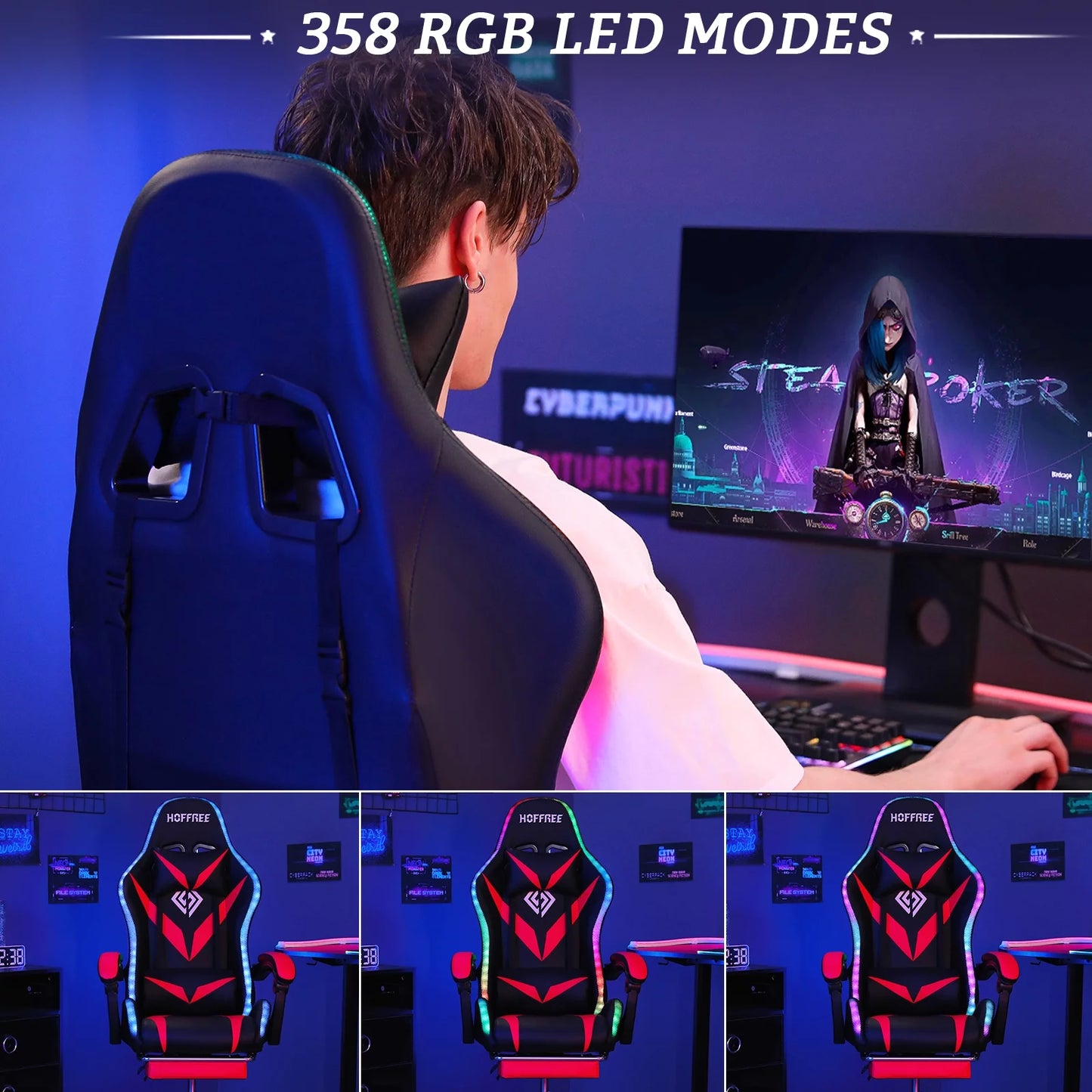 Gaming Chair with Massage and LED RGB Lights Ergonomic Computer Chair with Footrest High Back Video Game Chair with Adjustable Lumbar Support Linkage Armrest for Home Office