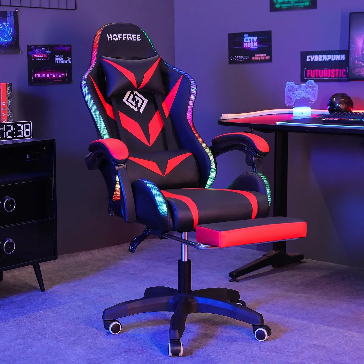 Gaming Chair with Massage and LED RGB Lights Ergonomic Computer Chair with Footrest High Back Video Game Chair with Adjustable Lumbar Support Linkage Armrest for Home Office