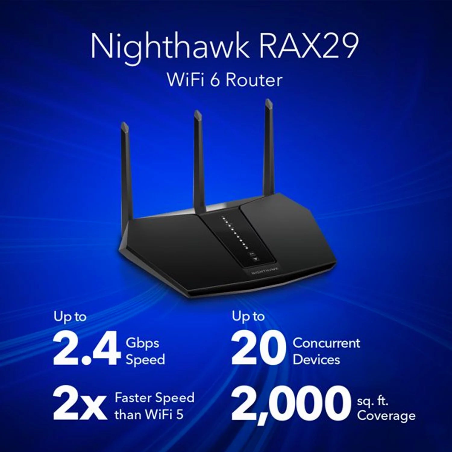 - Nighthawk AX2400 Wifi 6 Router, 2.4Gbps (RAX29)