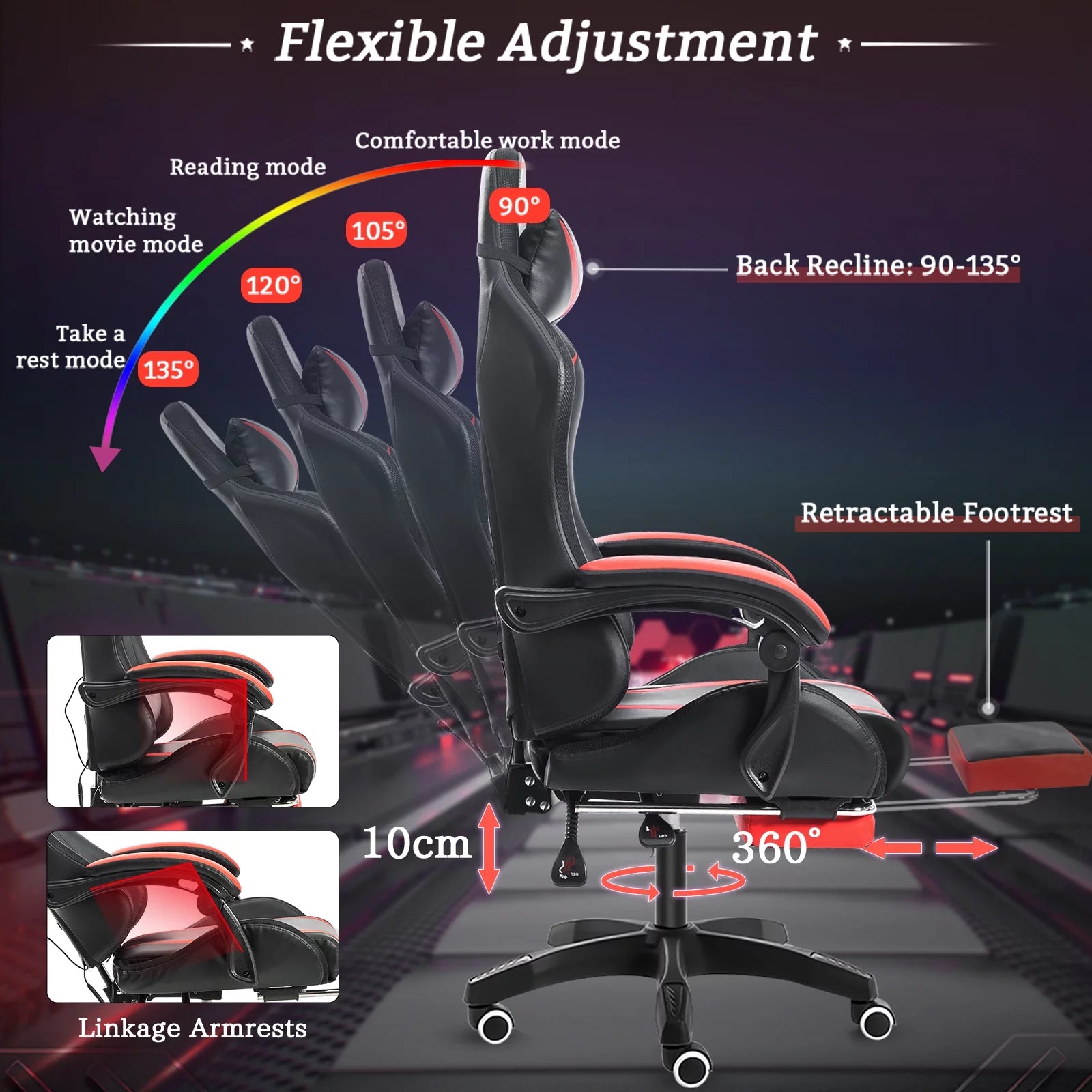 Gaming Chair with Massage and LED RGB Lights Ergonomic Computer Chair with Footrest High Back Video Game Chair with Adjustable Lumbar Support Linkage Armrest for Home Office