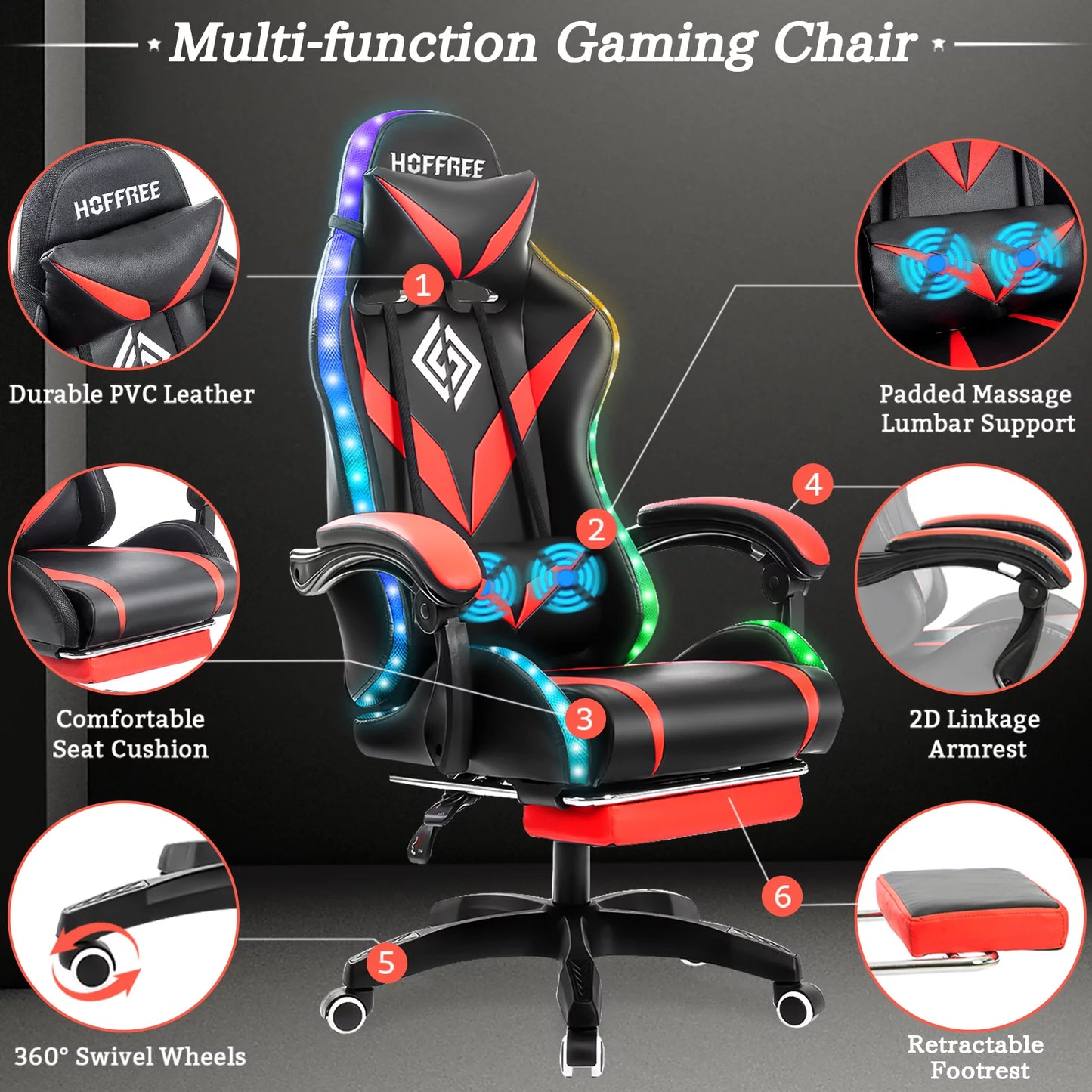 Gaming Chair with Massage and LED RGB Lights Ergonomic Computer Chair with Footrest High Back Video Game Chair with Adjustable Lumbar Support Linkage Armrest for Home Office